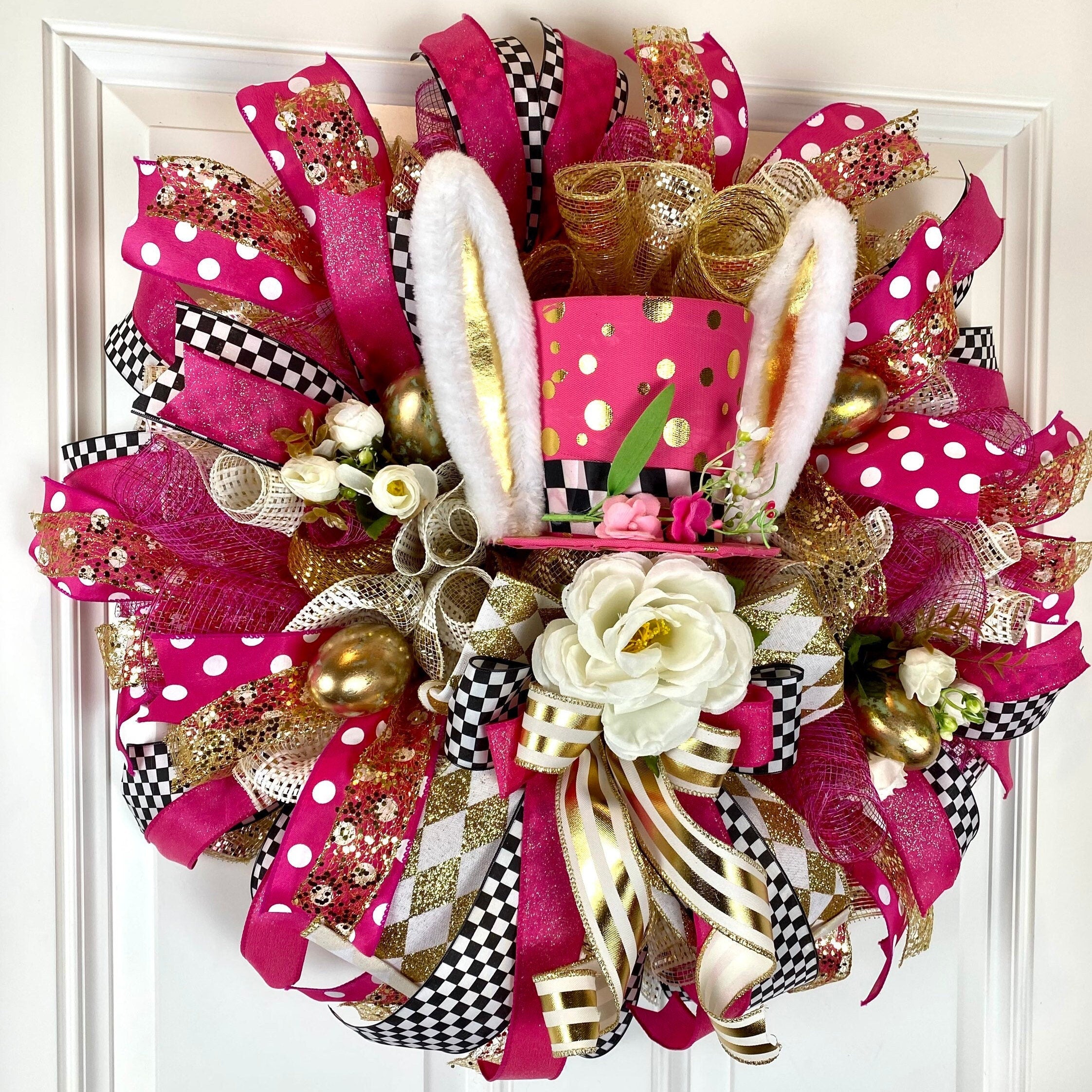 18” Pink shops and Salmon Deco Mesh Easter Bunny Wreath