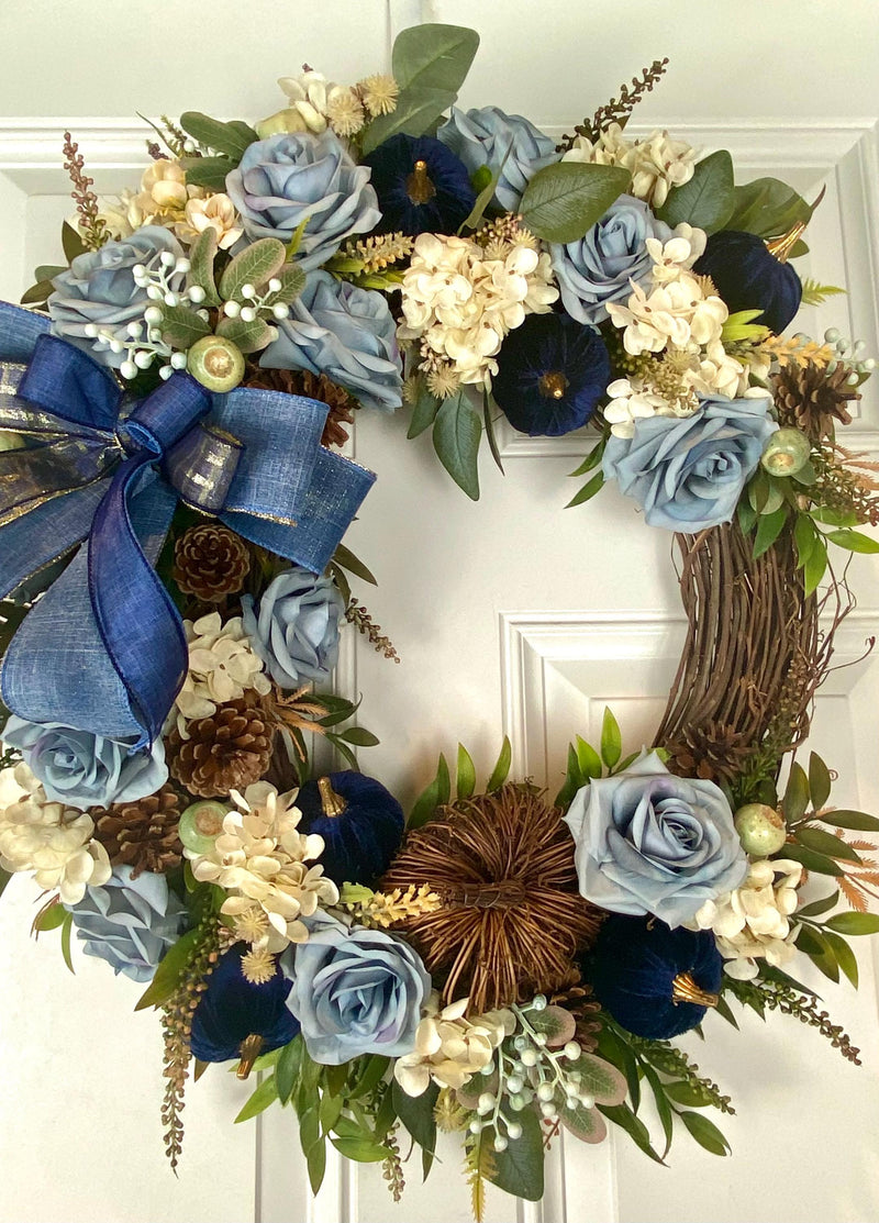 Velvet-Denim Fall Hydrangea Rose Wreath: Elegant Autumn Decor