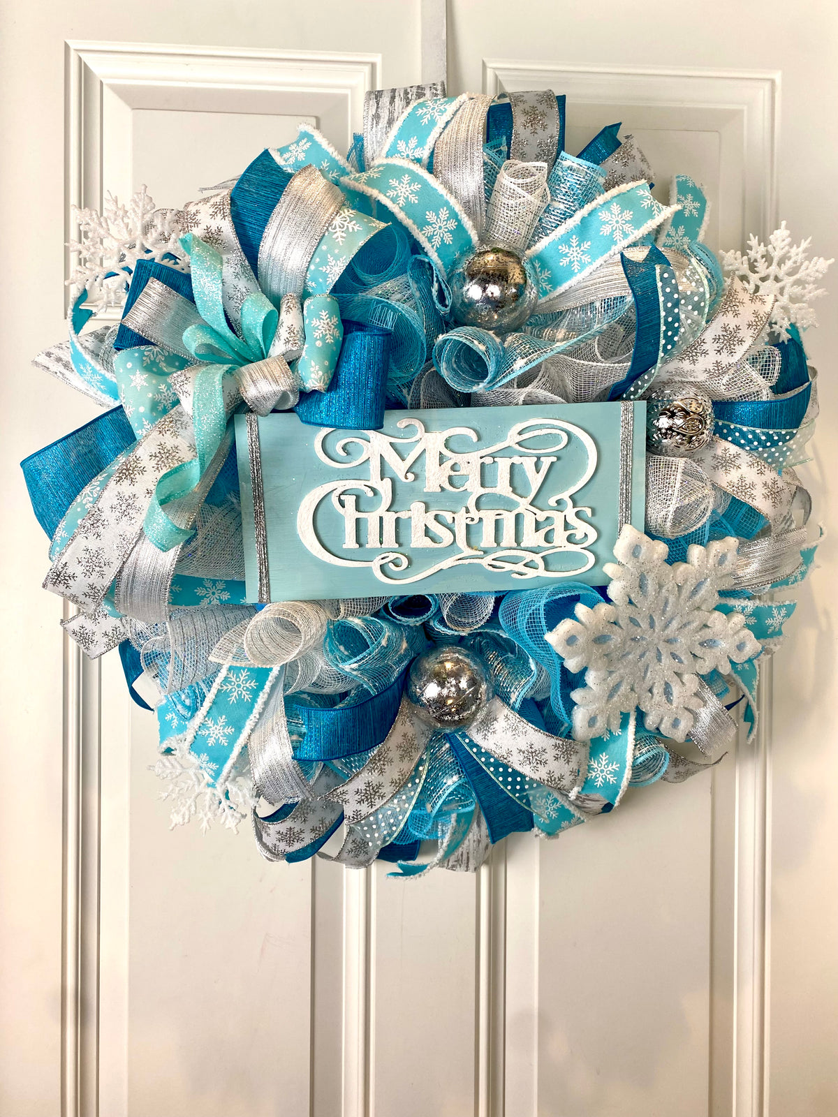 Winter Wreath, Snowflake Wreath, Elegant Blue, Silver and White Wreath