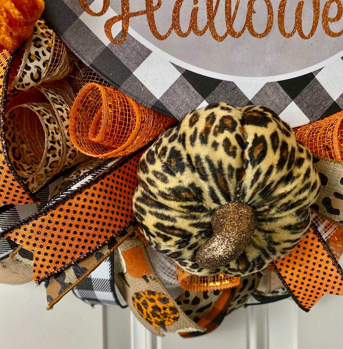 Halloween Wreath with Leopard Pumpkin and Buffalo Check Accents