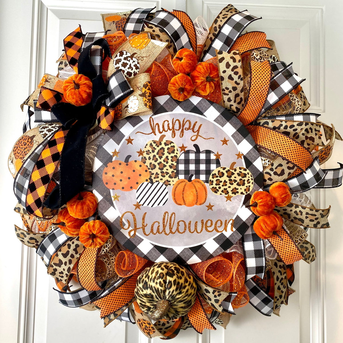 Halloween Wreath with Leopard Pumpkin and Buffalo Check Accents