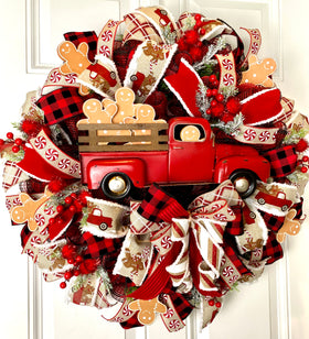 Red Truck Gingerbread Wreath, Rustic Christmas Decor, Front Porch Decoration