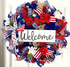 Patriotic Flag Wreath, Hydrangea and Poppy