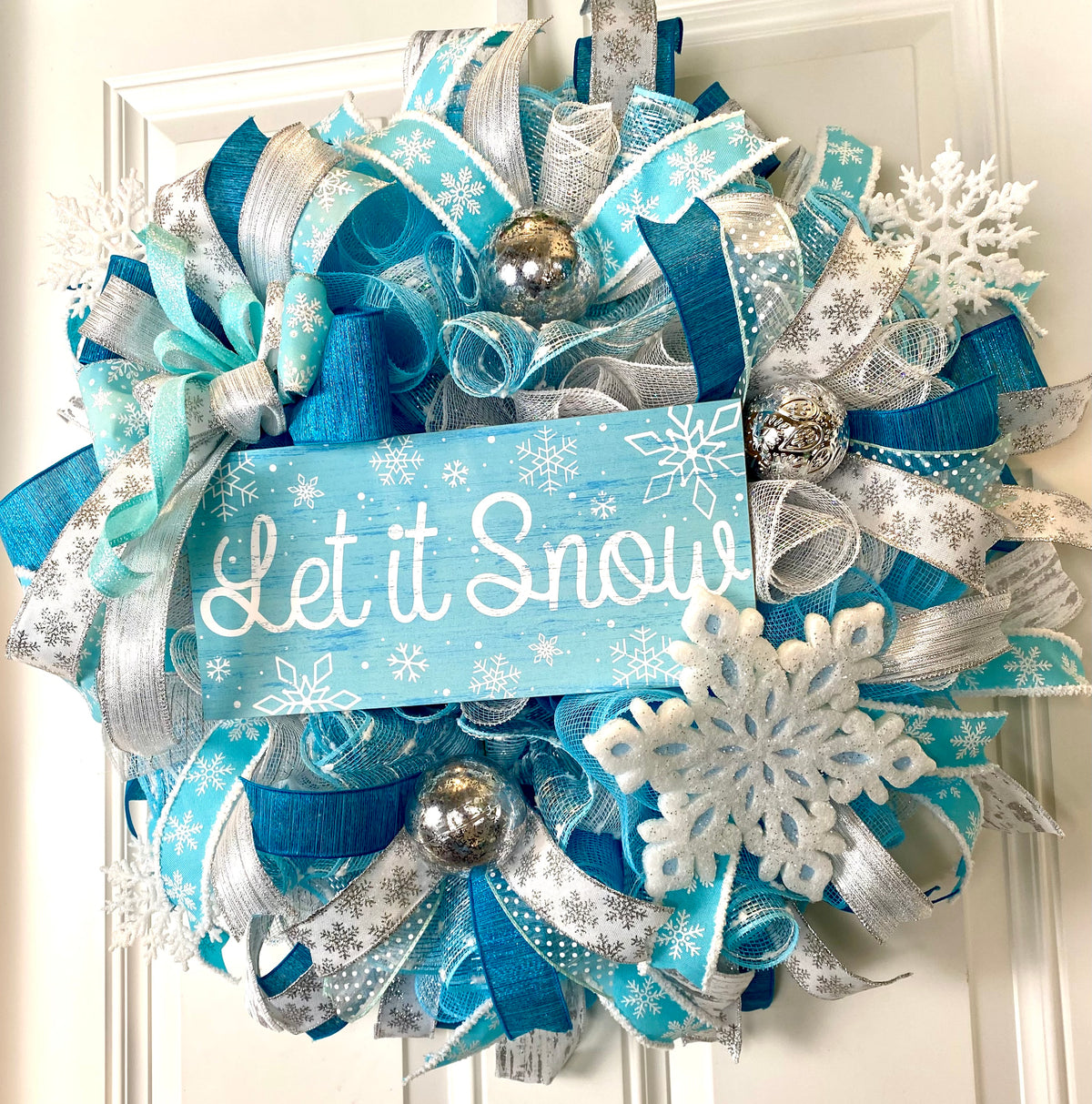 Winter Wreath, Snowflake Wreath, Elegant Blue, Silver and White Wreath