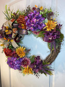 Fall Wreath Front Door, Fall Hydrangea & Aster wreath, Designer Wreath, Purple, Orange, Gold Fall Wreath, wreath with bow