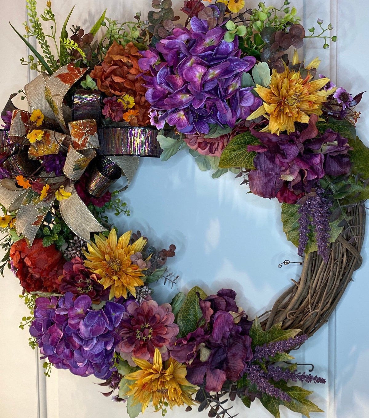 Fall Wreath Front Door, Fall Hydrangea & Aster wreath, Designer Wreath, Purple, Orange, Gold Fall Wreath, wreath with bow