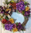 Fall Wreath Front Door, Fall Hydrangea & Aster wreath, Designer Wreath, Purple, Orange, Gold Fall Wreath, wreath with bow