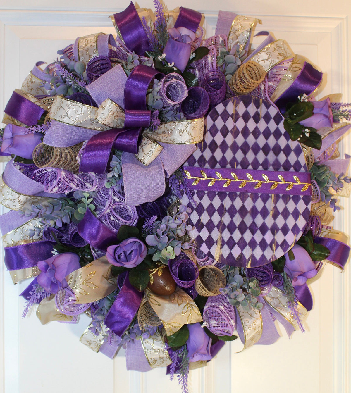 Harlequin Easter Egg Wreath: Purple Spring Door Decor
