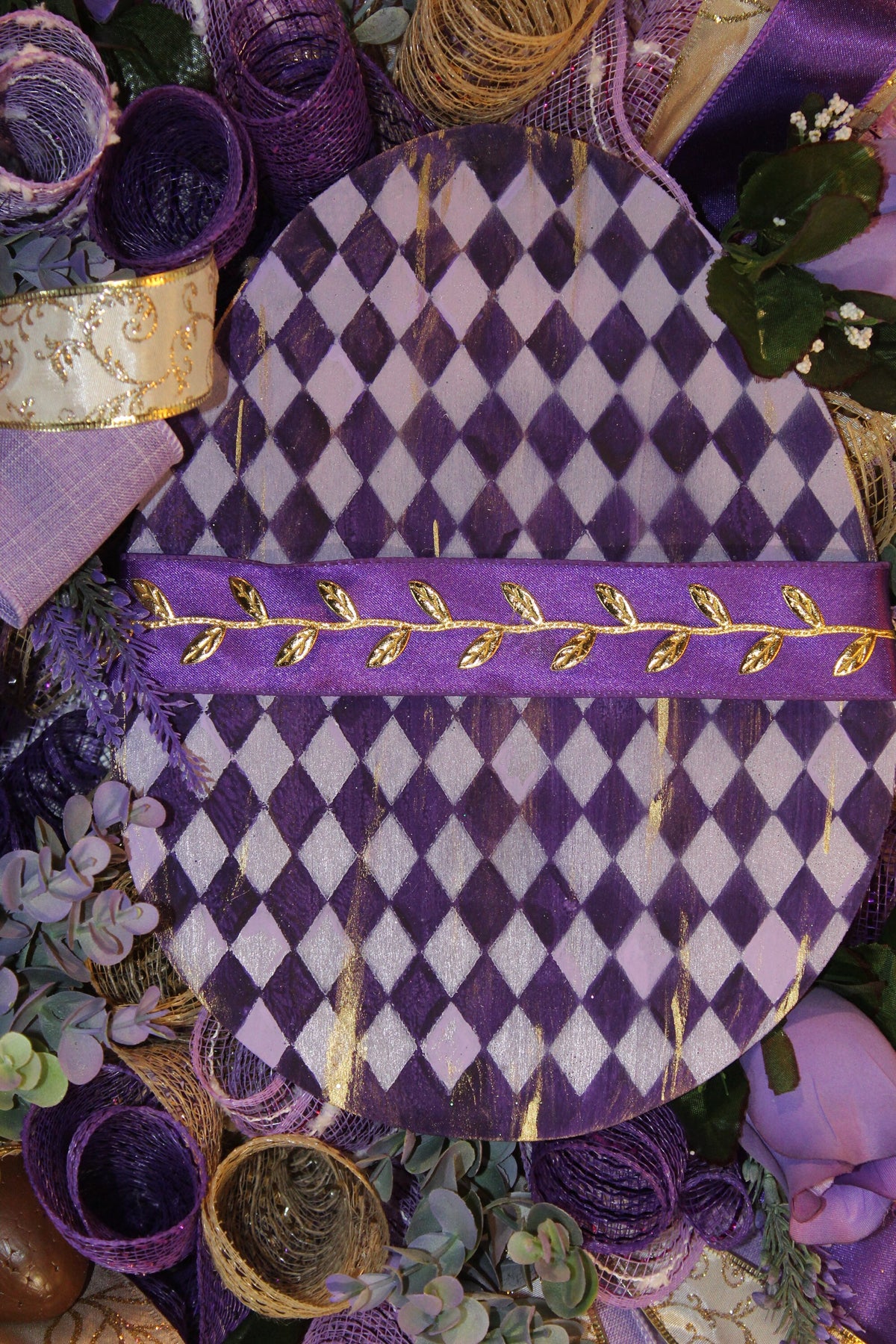 Harlequin Easter Egg Wreath: Purple Spring Door Decor