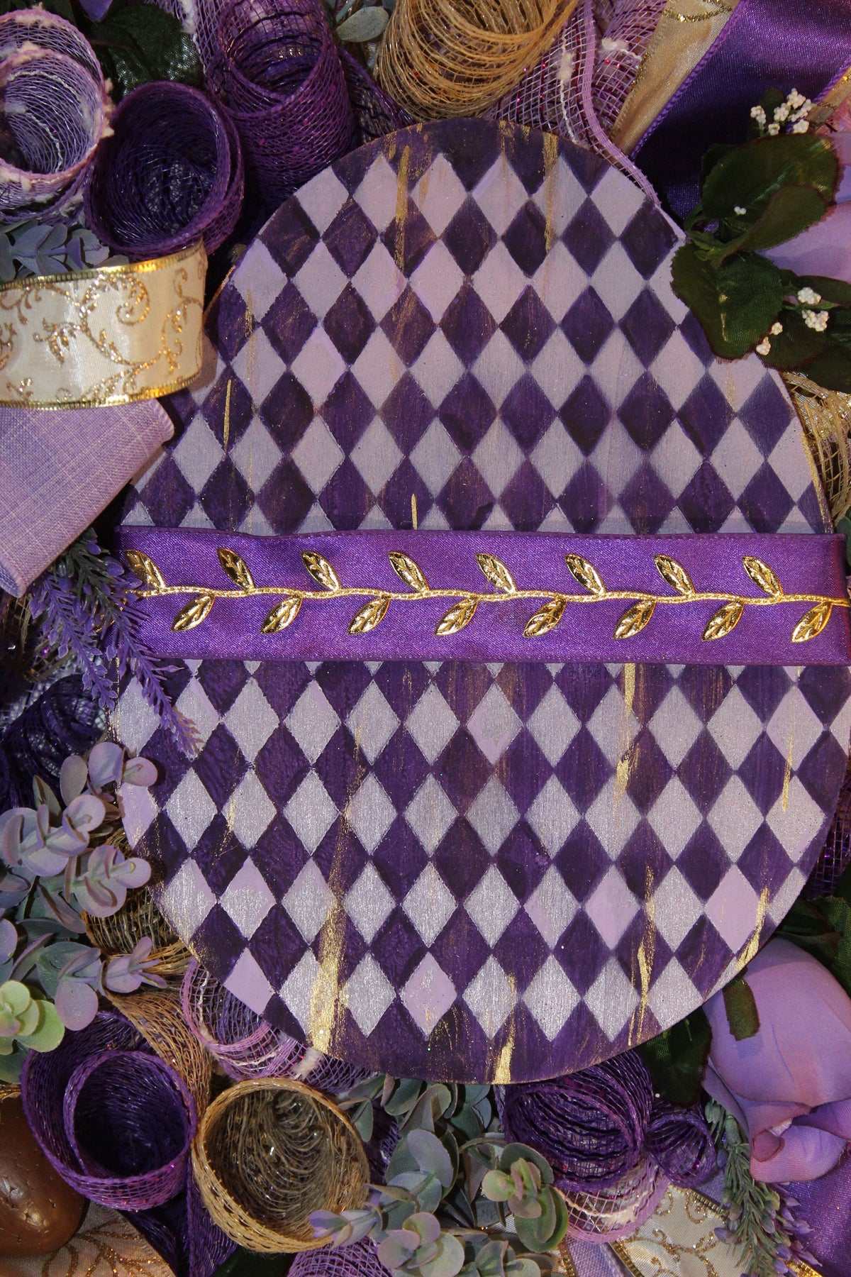 Harlequin Easter Egg Wreath: Purple Spring Door Decor