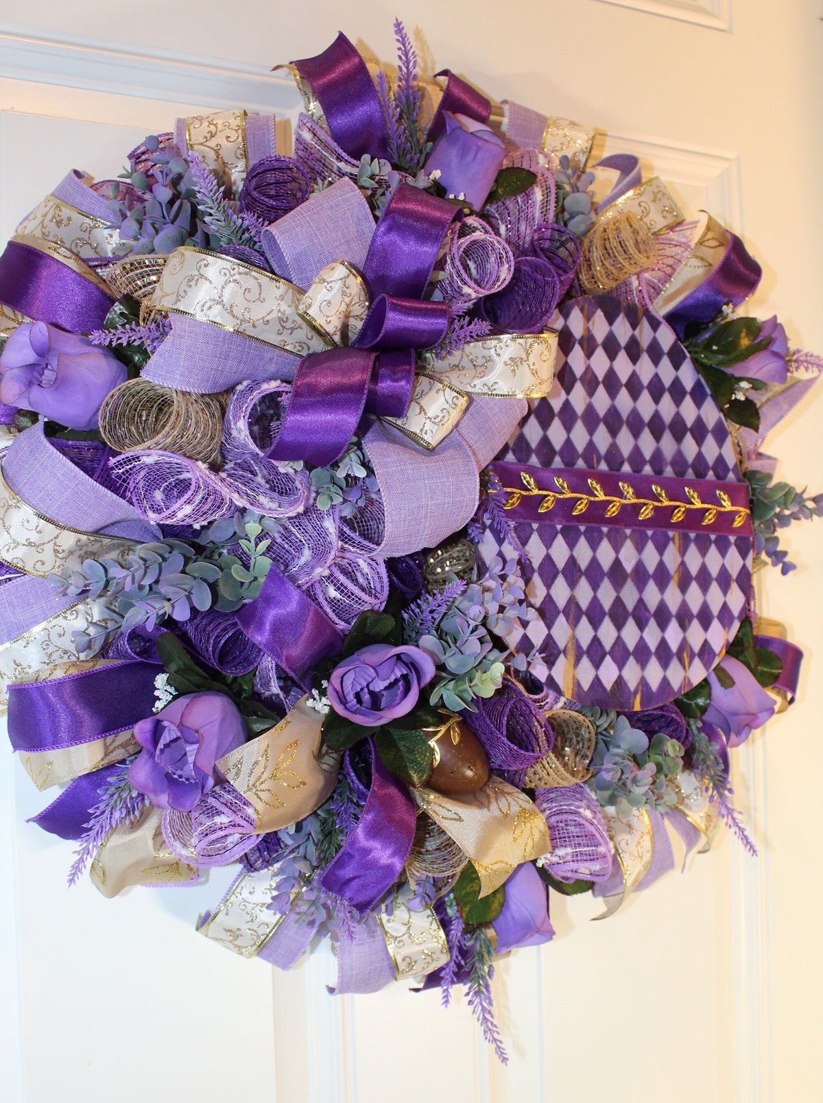 Harlequin Easter Egg Wreath: Purple Spring Door Decor