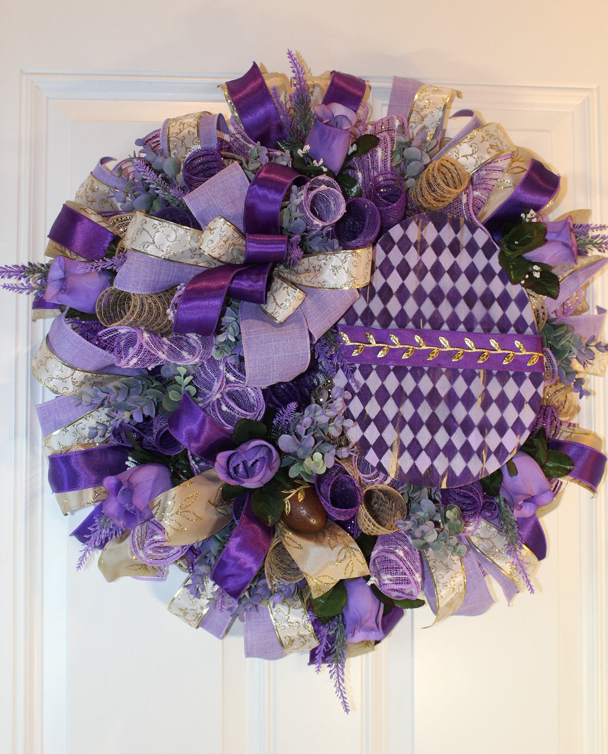 Harlequin Easter Egg Wreath: Purple Spring Door Decor