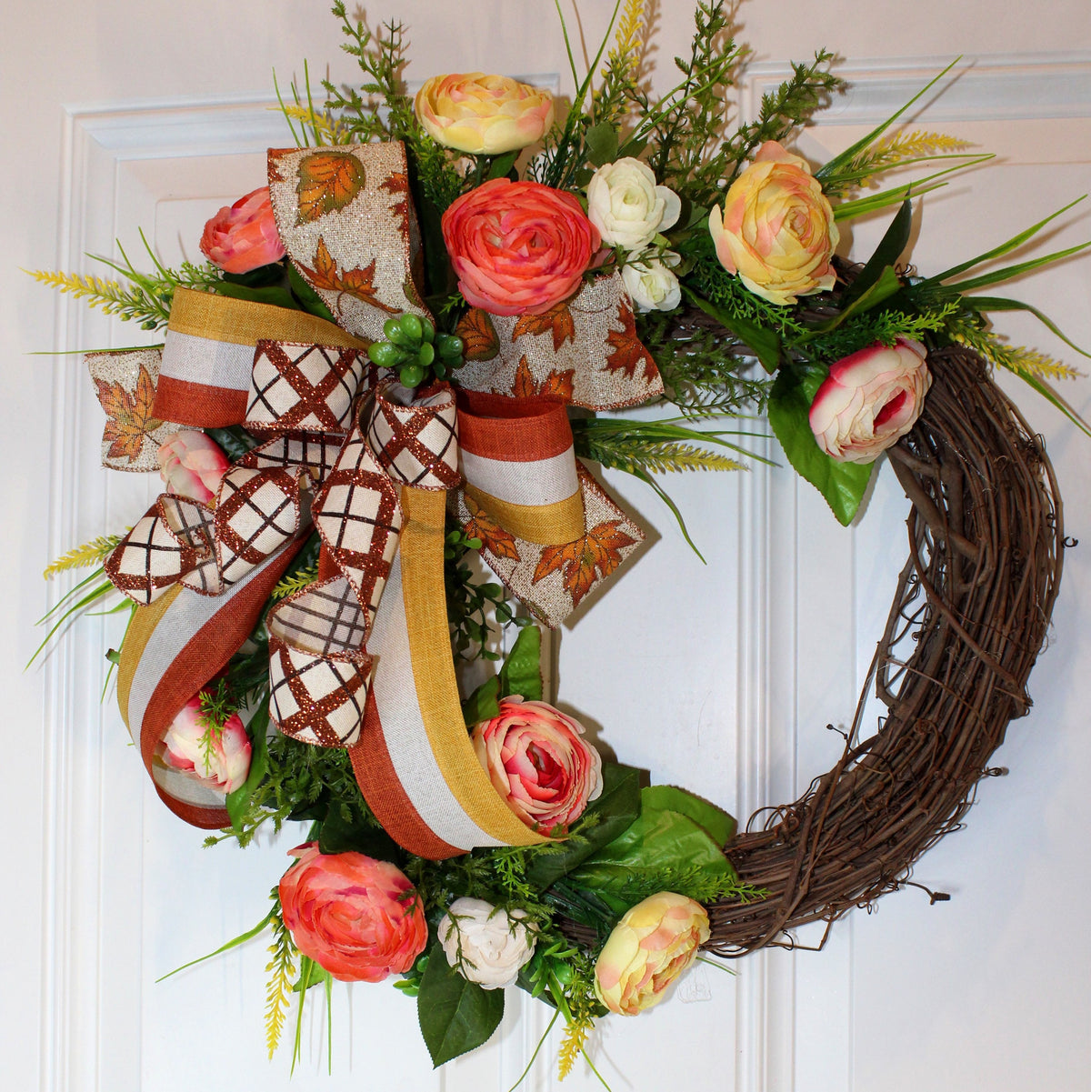 Floral Grapevine Wreath: Fall Thanksgiving Halloween Front Door Decor