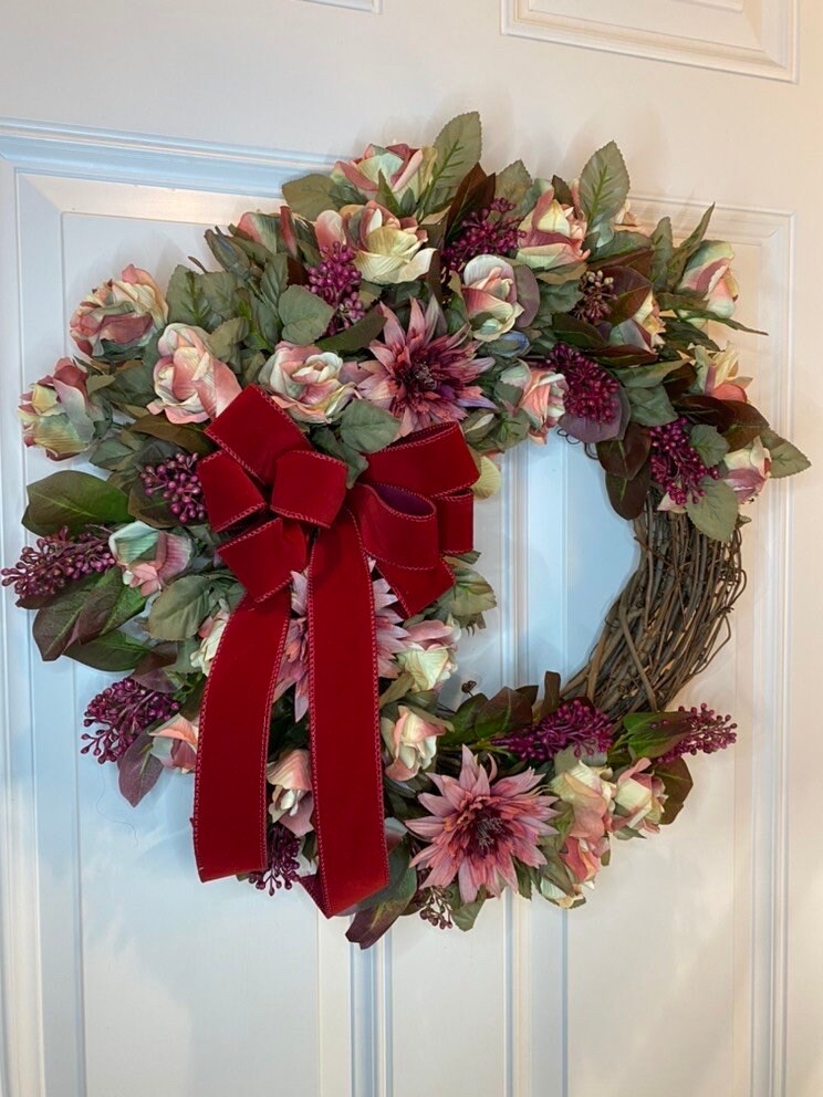 Burgundy Floral Wreath: Pink Rose & Berry Front Door Decor