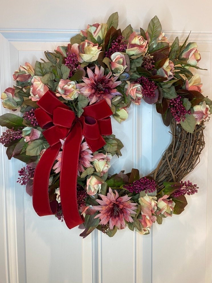 Burgundy Floral Wreath: Pink Rose & Berry Front Door Decor