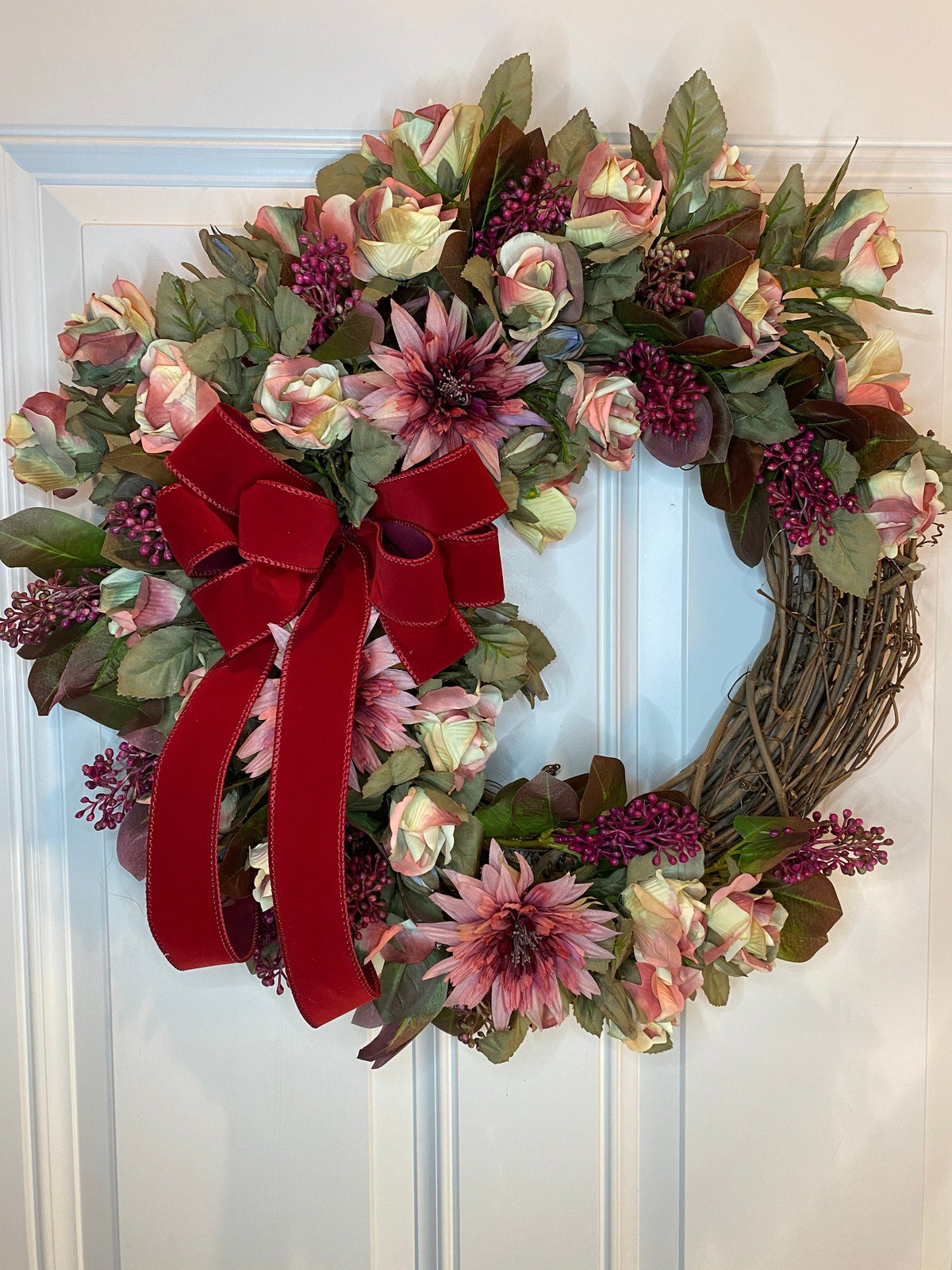 Burgundy Floral Wreath: Pink Rose & Berry Front Door Decor