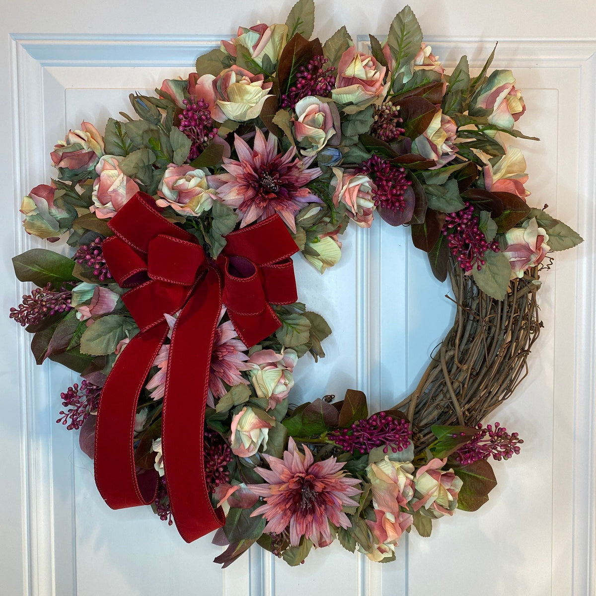 Burgundy Floral Wreath: Pink Rose & Berry Front Door Decor