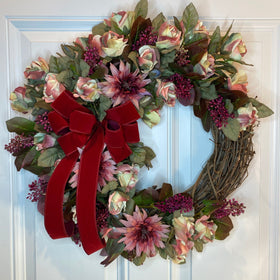 Burgundy Floral Wreath: Pink Rose & Berry Front Door Decor