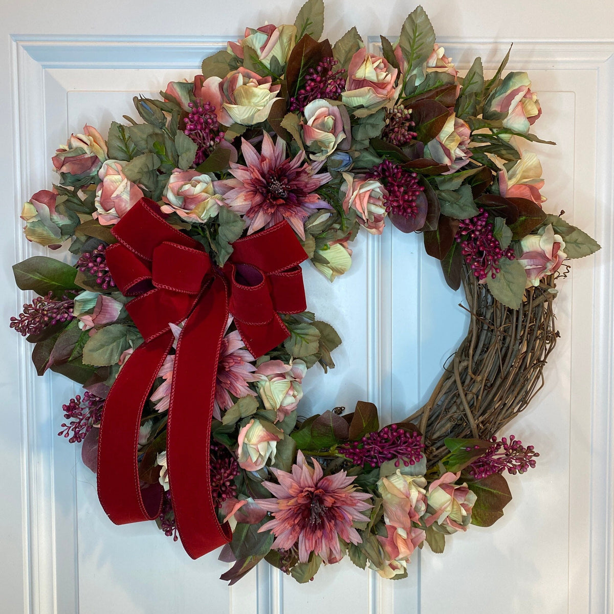 Burgundy Floral Wreath: Pink Rose & Berry Front Door Decor