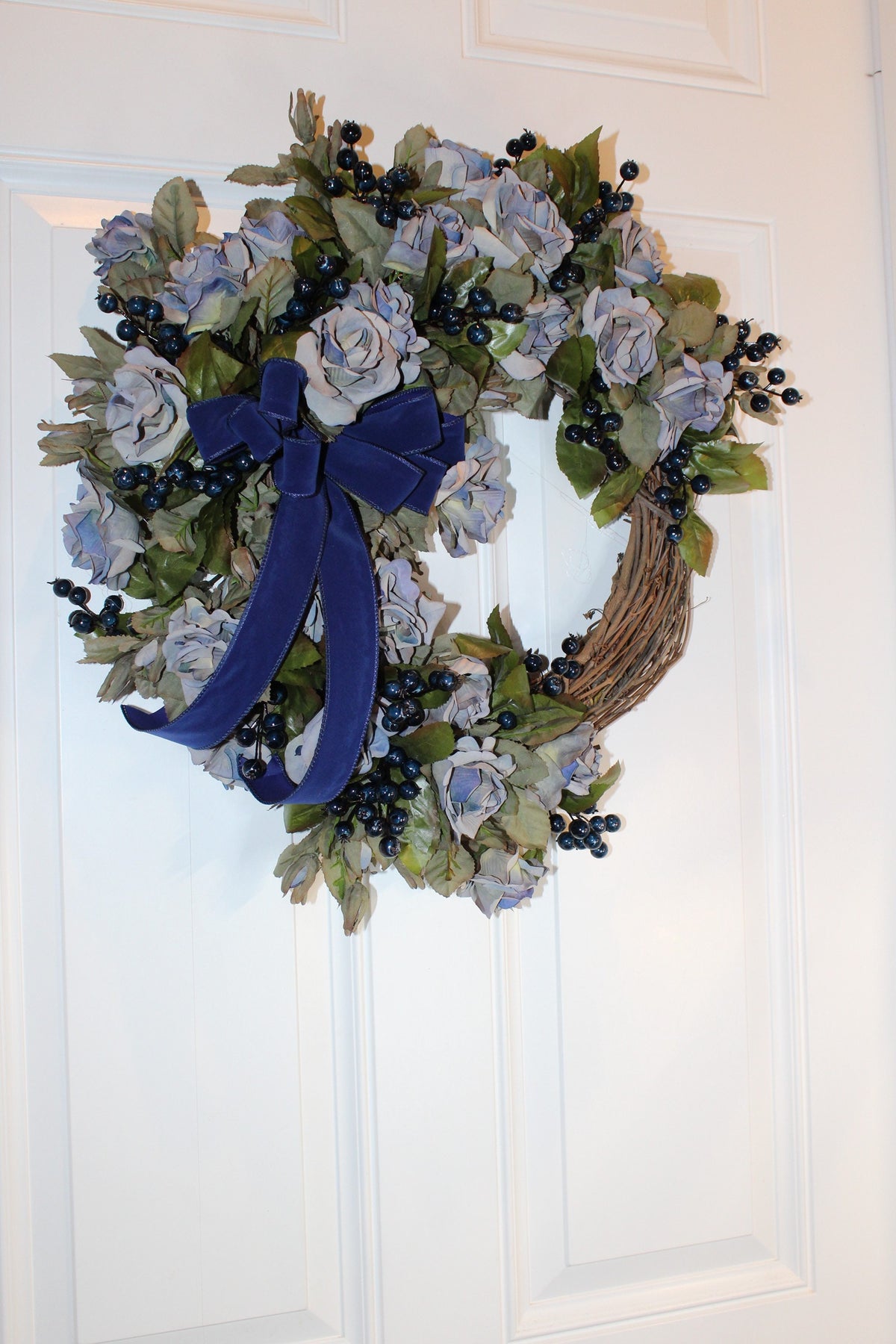 Blueberry Rose Wreath: Velvet Ribbon Farmhouse Door Decor