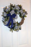Blueberry Rose Wreath: Velvet Ribbon Farmhouse Door Decor