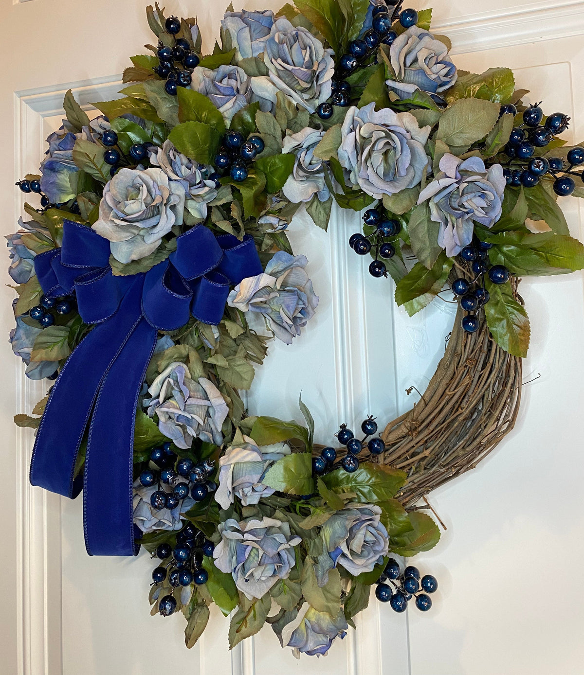 Blueberry Rose Wreath: Velvet Ribbon Farmhouse Door Decor