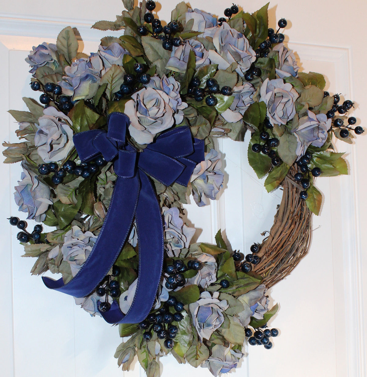 Blueberry Rose Wreath: Velvet Ribbon Farmhouse Door Decor