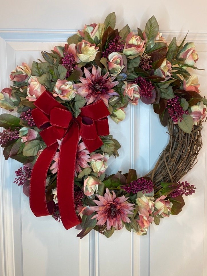 Burgundy Floral Wreath: Pink Rose & Berry Front Door Decor