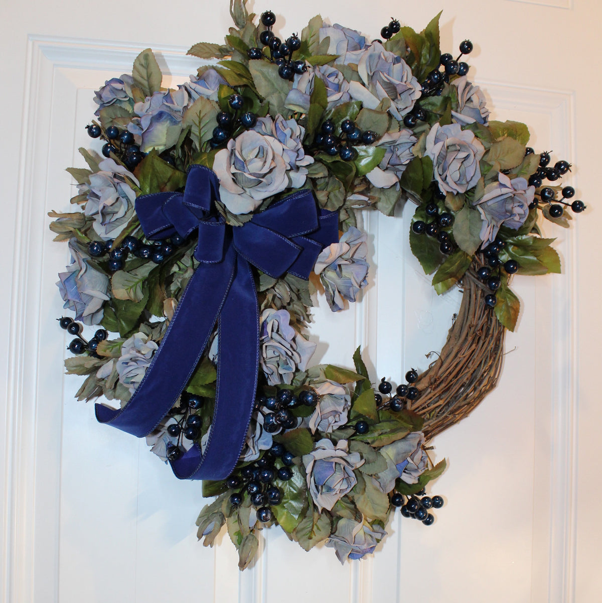 Blueberry Rose Wreath: Velvet Ribbon Farmhouse Door Decor