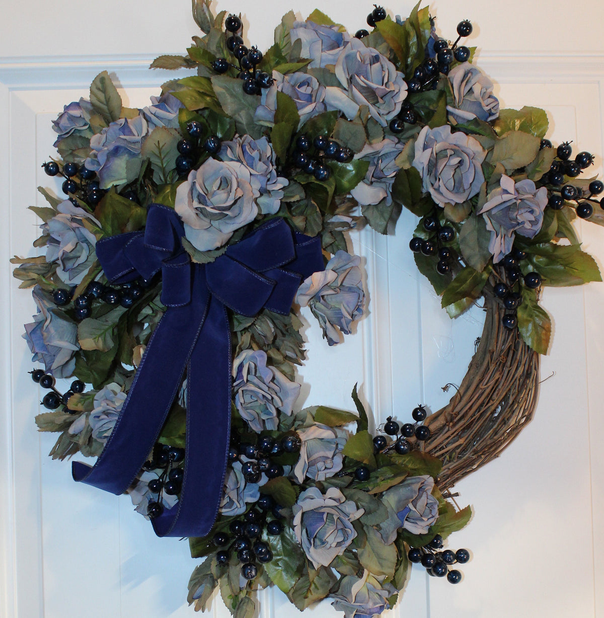 Blueberry Rose Wreath: Velvet Ribbon Farmhouse Door Decor