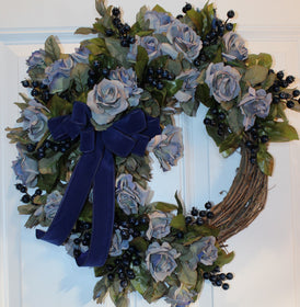Blueberry Rose Wreath: Velvet Ribbon Farmhouse Door Decor