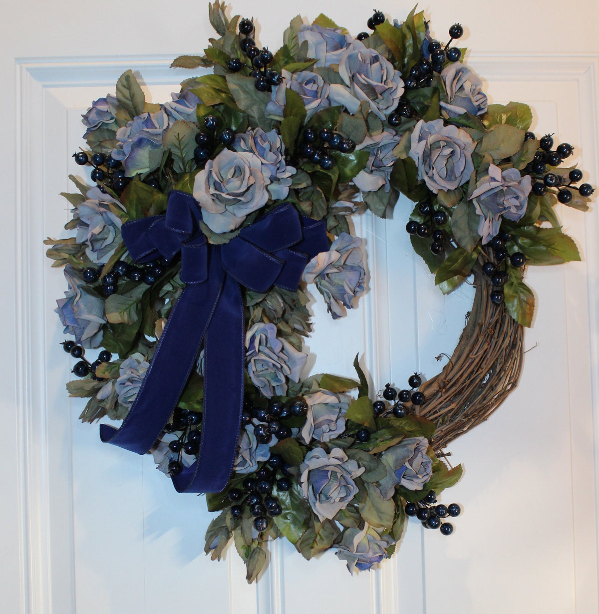 Blueberry Rose Wreath: Velvet Ribbon Farmhouse Door Decor