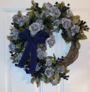 Blueberry Rose Wreath: Velvet Ribbon Farmhouse Door Decor