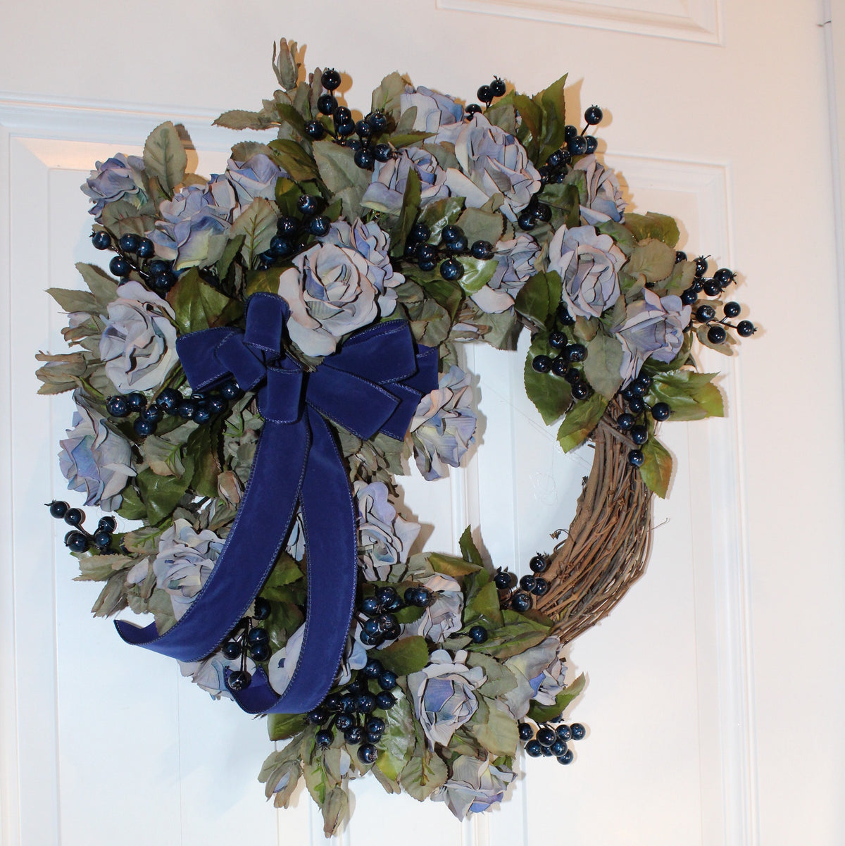 Blueberry Rose Wreath: Velvet Ribbon Farmhouse Door Decor