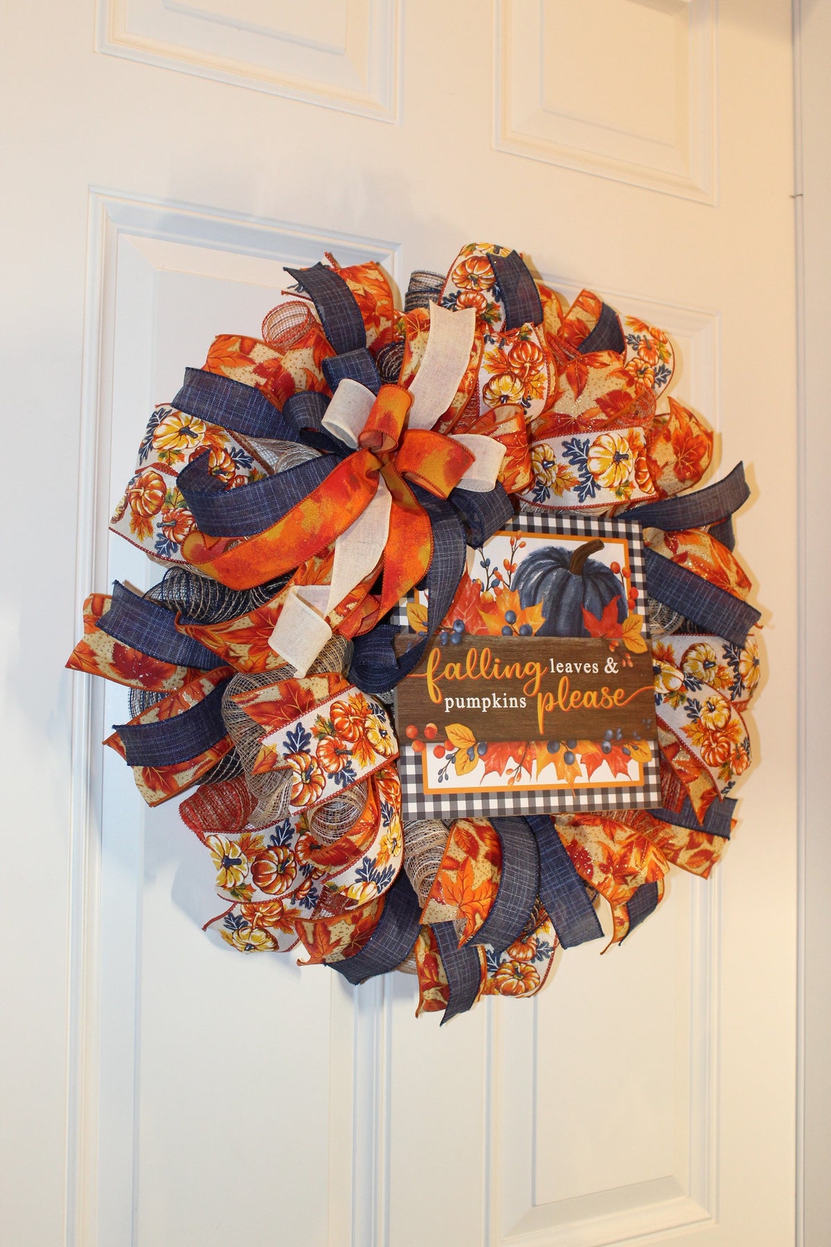 Fall Wreath, Farmhouse Pumpkin, Blue And Orange, Autumn Harvest Party, Thanksgiving Porch Decor