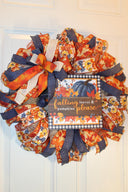 Fall Wreath, Farmhouse Pumpkin, Blue And Orange, Autumn Harvest Party, Thanksgiving Porch Decor