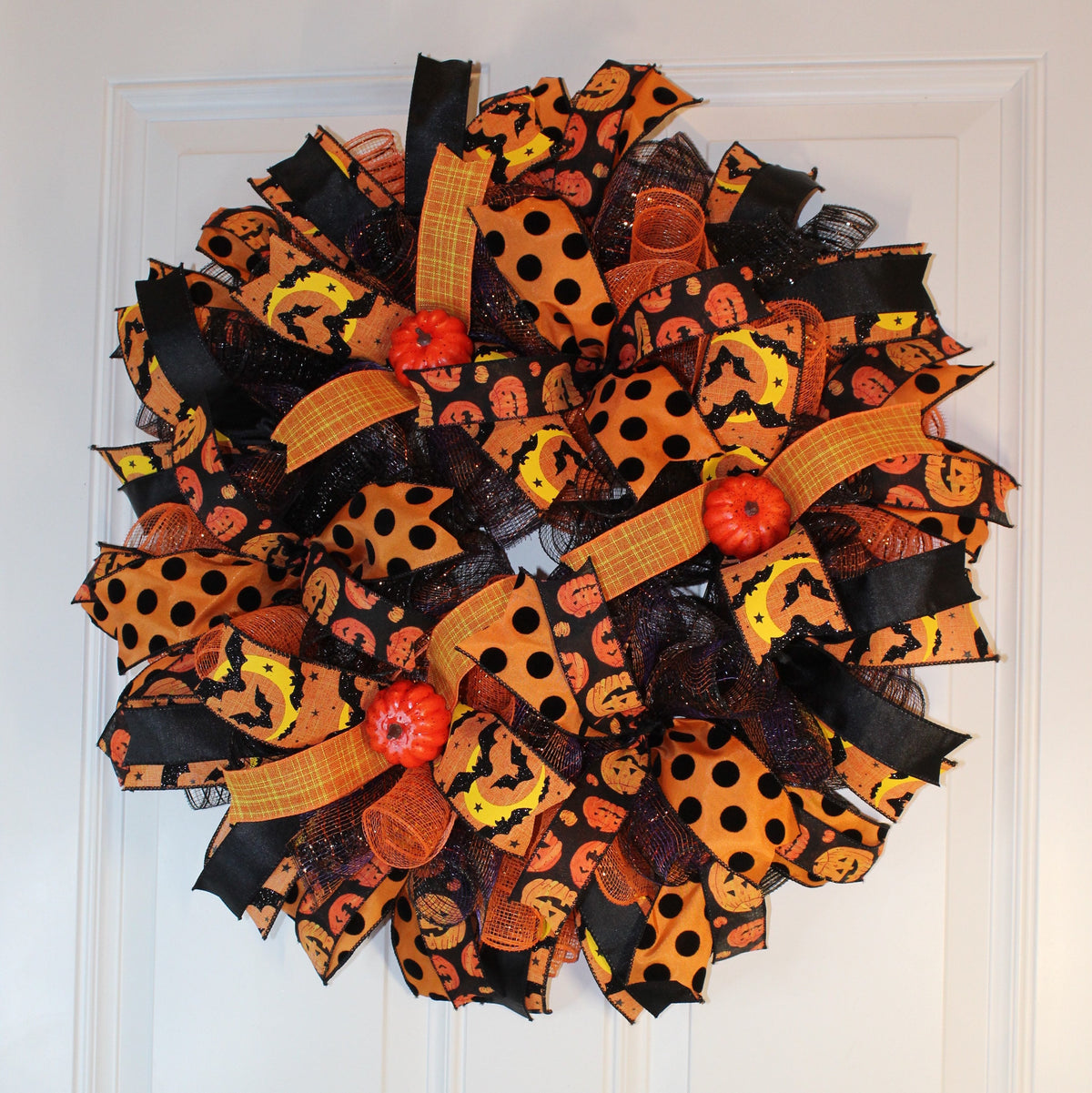 Halloween, Pumpkin Wreath, Fall wreath for front door, Double Doors Orange and black