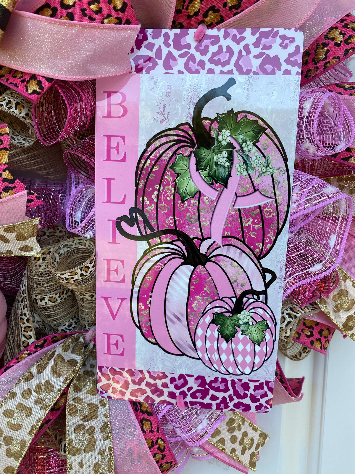 Breast Cancer Cheetah Wreath, Pink Ribbon Gift