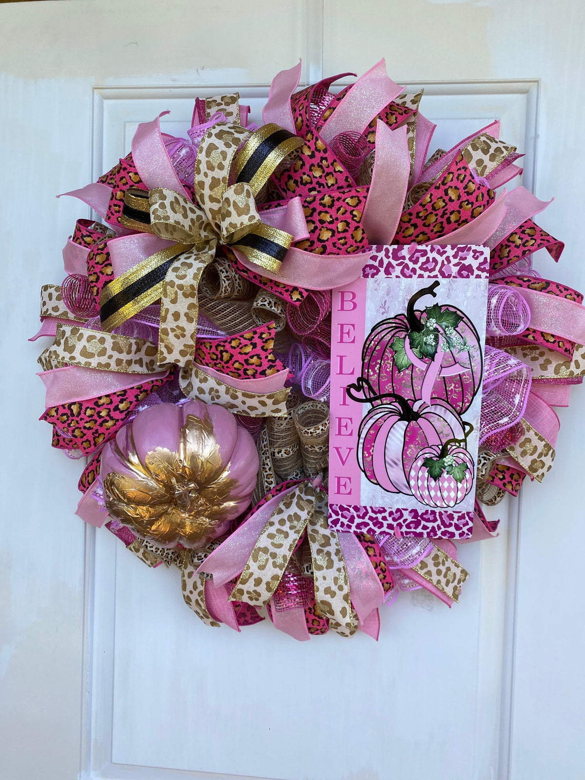 Breast Cancer Cheetah Wreath, Pink Ribbon Gift