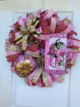 Breast Cancer Cheetah Wreath, Pink Ribbon Gift