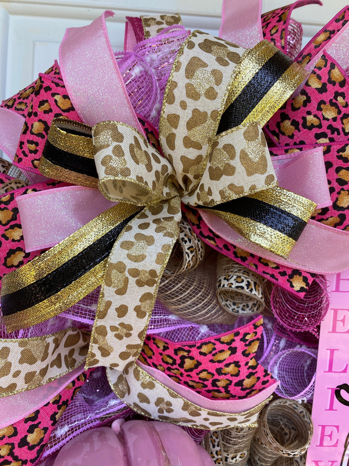 Breast Cancer Cheetah Wreath, Pink Ribbon Gift