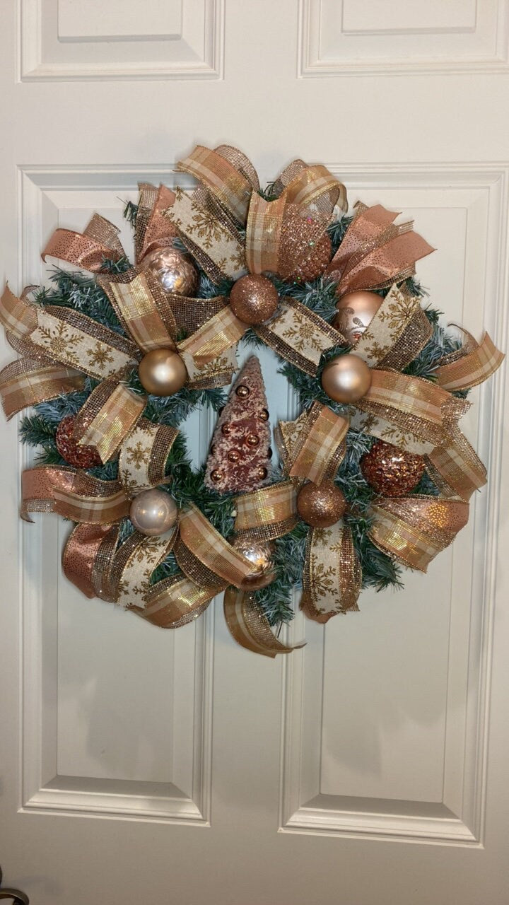Lighted Rose Gold Wreath, Christmas Ornament Wreath, Holiday Porch Decor