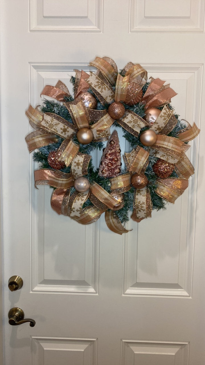 Lighted Rose Gold Wreath, Christmas Ornament Wreath, Holiday Porch Decor