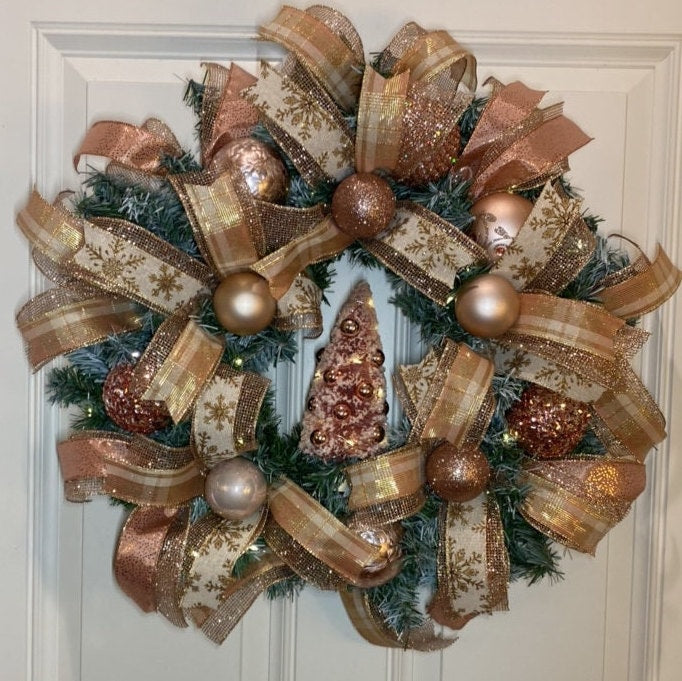 Lighted Rose Gold Wreath, Christmas Ornament Wreath, Holiday Porch Decor