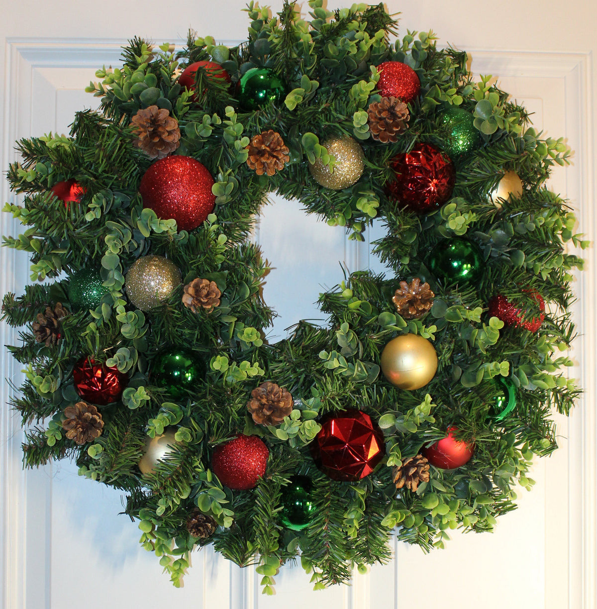 Lighted Christmas Ornament Wreath: Red, Green & Gold Holiday Decor