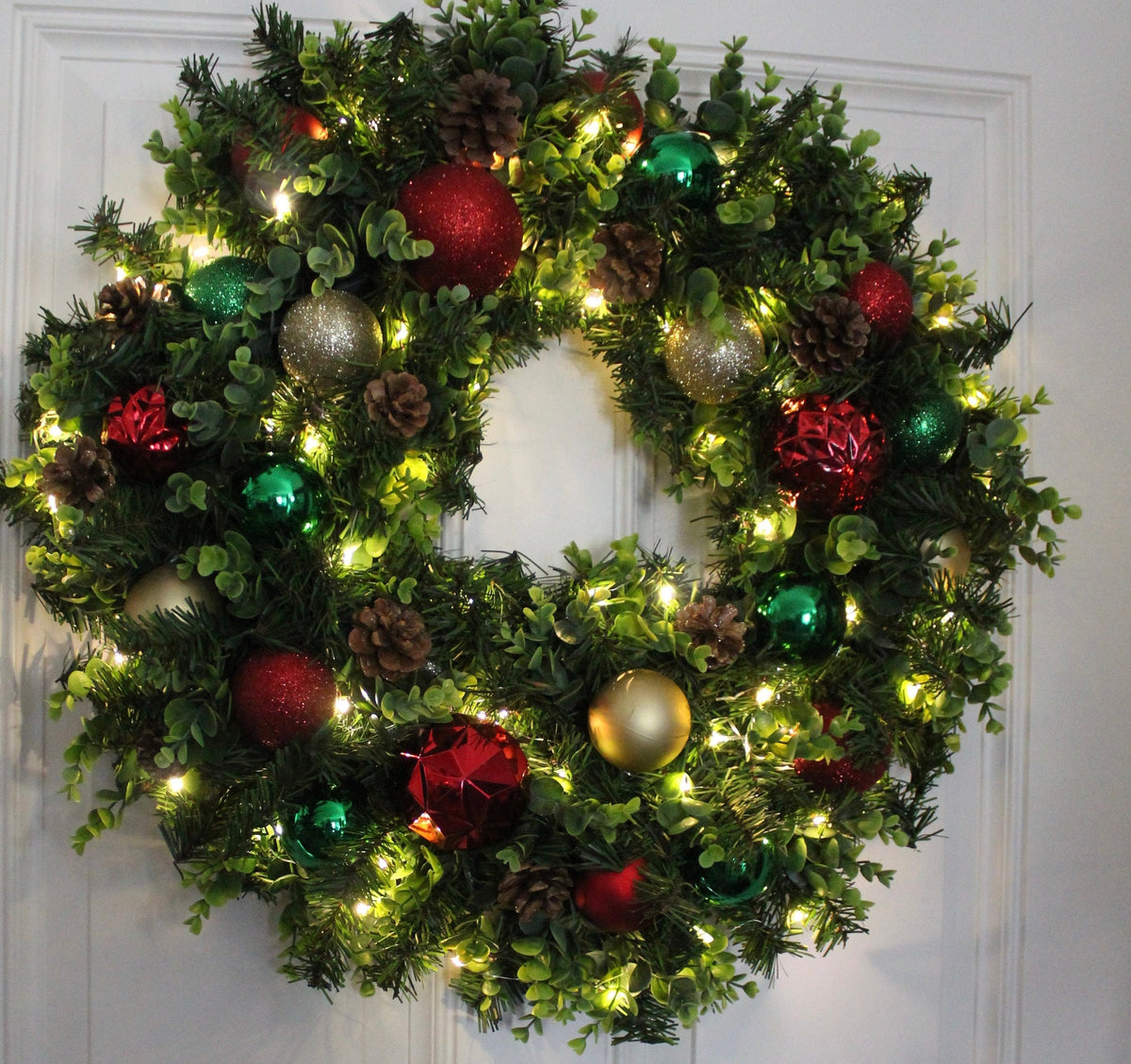Lighted Christmas Ornament Wreath: Red, Green & Gold Holiday Decor
