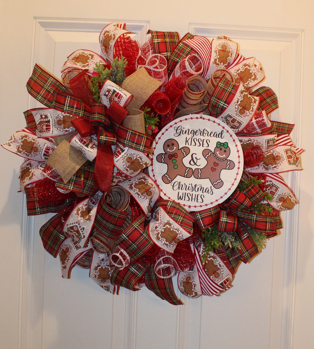 Gingerbread Kisses Christmas Wreath: Candy Cane & Plaid Ribbons