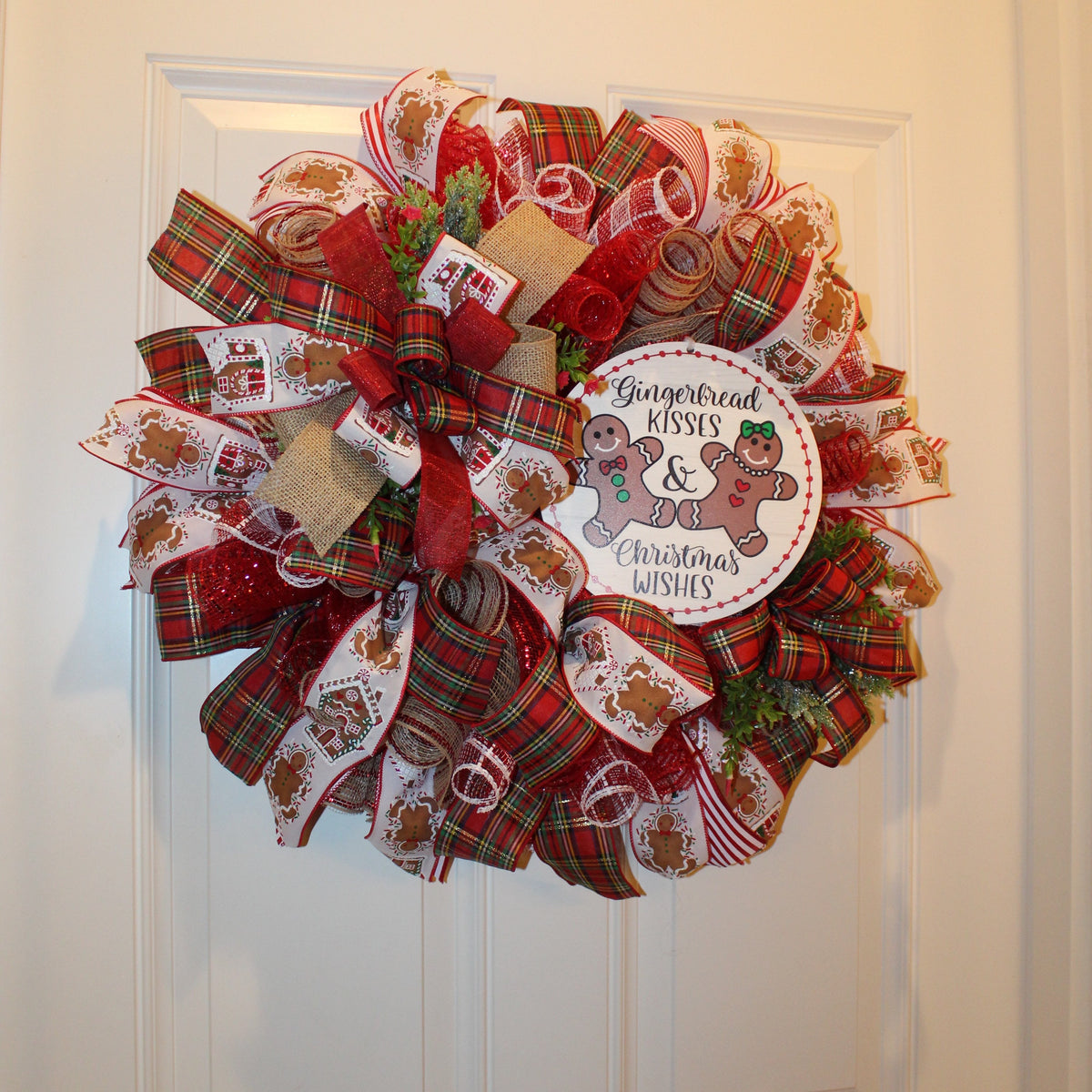 Gingerbread Kisses Christmas Wreath: Candy Cane & Plaid Ribbons