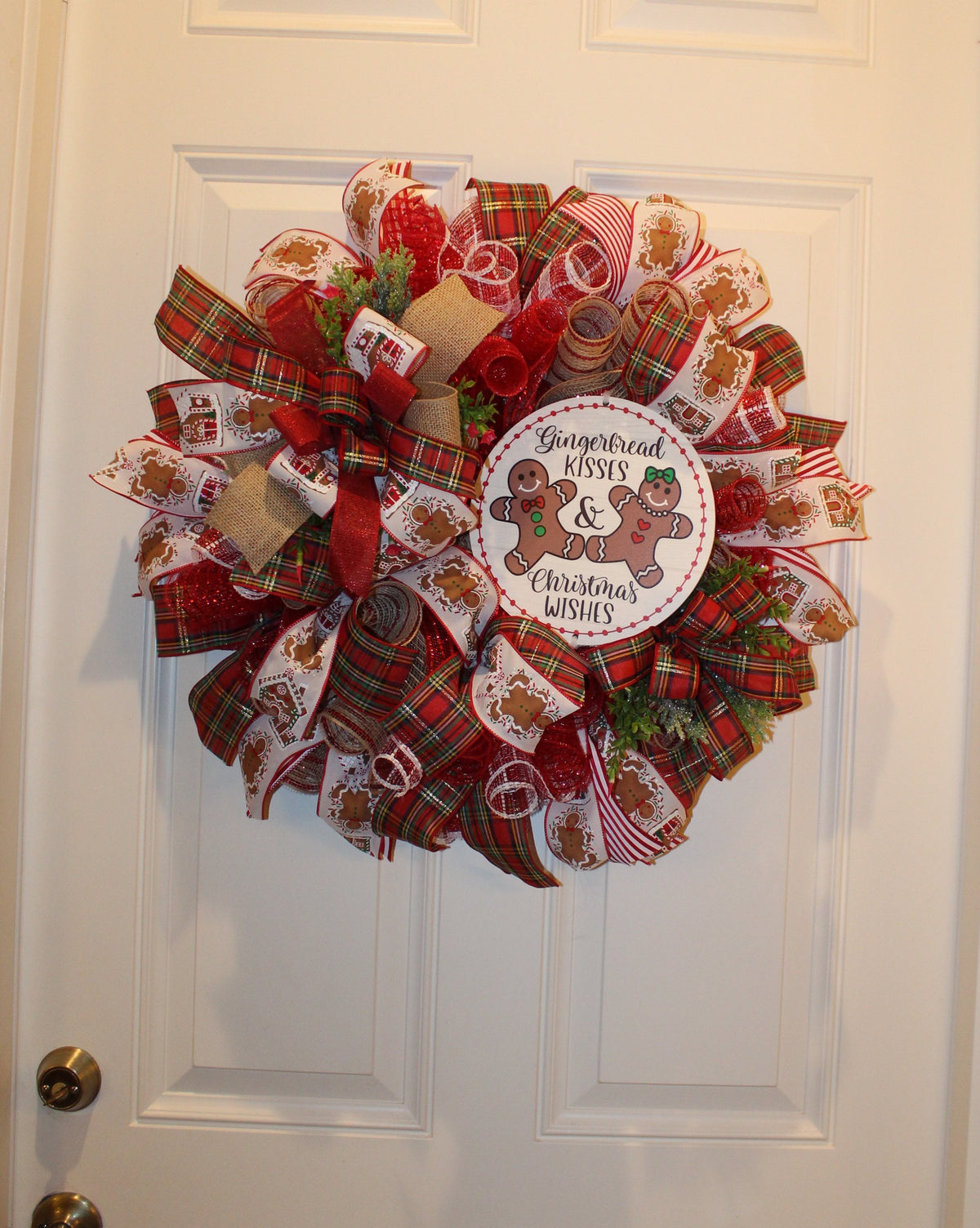 Gingerbread Kisses Christmas Wreath: Candy Cane & Plaid Ribbons