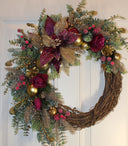 Ornament Christmas Wreath, Poinsettia, Purple Magenta Gold Holiday Ornament Wreath, Winter Porch Decor,